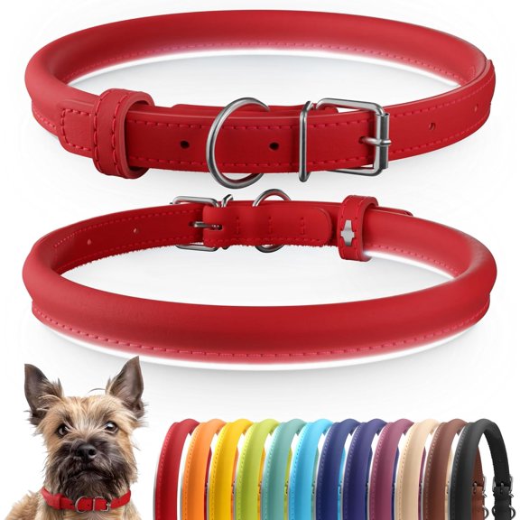 Rolled Leather Dog Collar, Soft Padded Round Puppy Collar, Handmade Genuine Leather Collar Dog Small Large Cat Collars 13 Colors (8-11 Inch, Red Smooth)