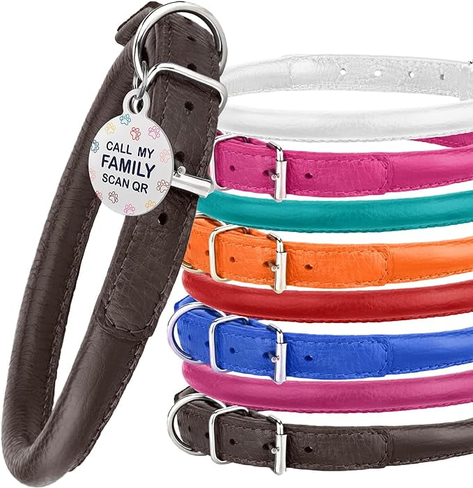 Rolled Leather Dog Collar Soft Round Collars, ID Tag for Small Medium