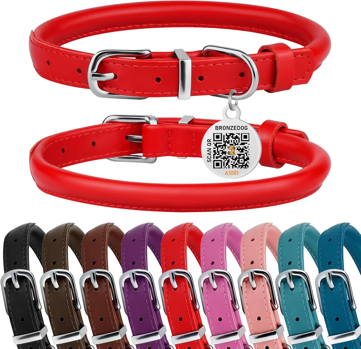 Rolled Leather Dog Collar for Small Medium Large Dogs with QR ID Tag (L 1618 Inch, Scarlet Red