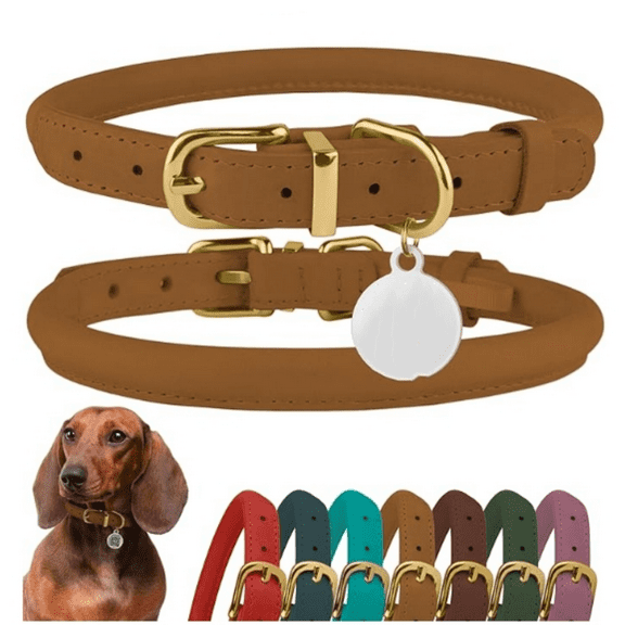 Rolled Leather Dog Collar with Tag, Adjustable Soft Round Collars for Small Medium Large Dogs Puppy (7" - 10" Neck Size, Light Brown)