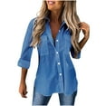thumbnail image 1 of Rolled Long Sleeve Shirts Blouses for Women Button up Solid Color V Neck Lapel Casual Work Tunic Tops with Pockets(Blue,M), 1 of 6