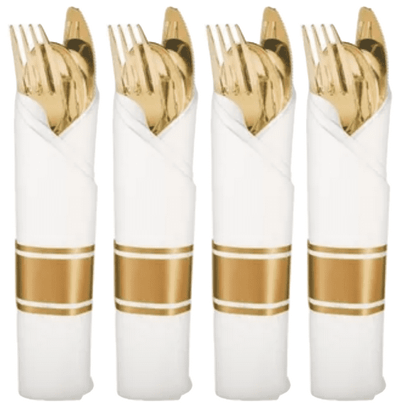 Rolled Metallic Gold Plastic Cutlery Sets - 10 Pack