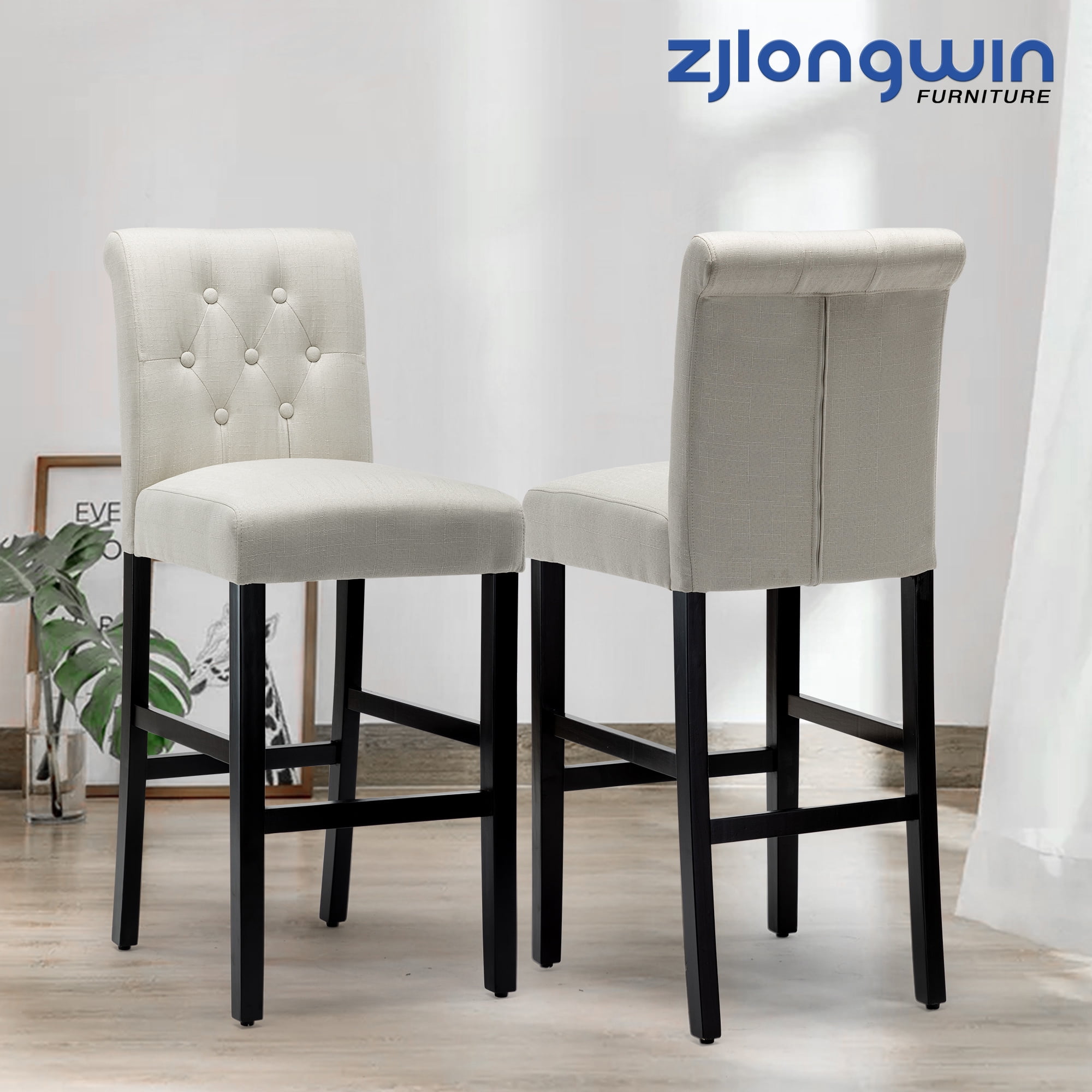 Beige Fabric Upholstered Counter Height Barstools with Button-Tufted Back, Set of 2