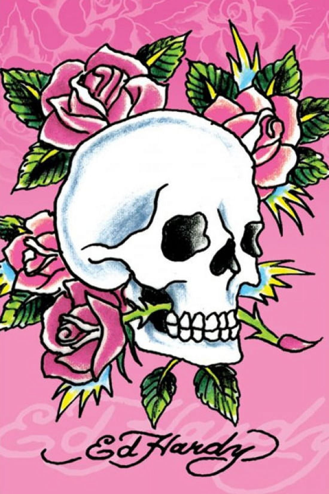 Rolled Poster Ed Hardy - Pink Skull & Roses 22 x 34 Framed 