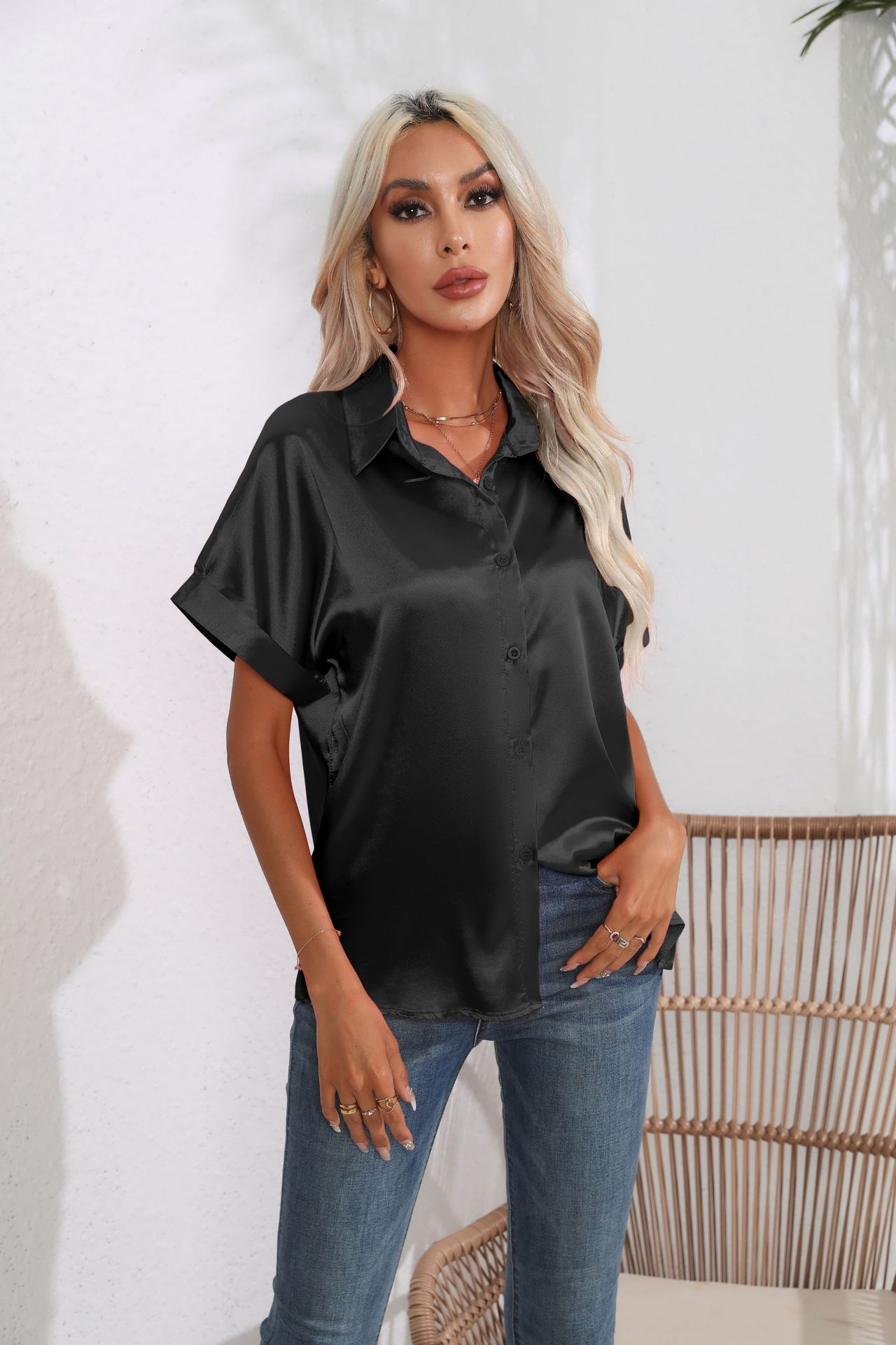 Rolled Sleeves Satin Shirt Women's Satin Short Sleeve Shirt New Women's