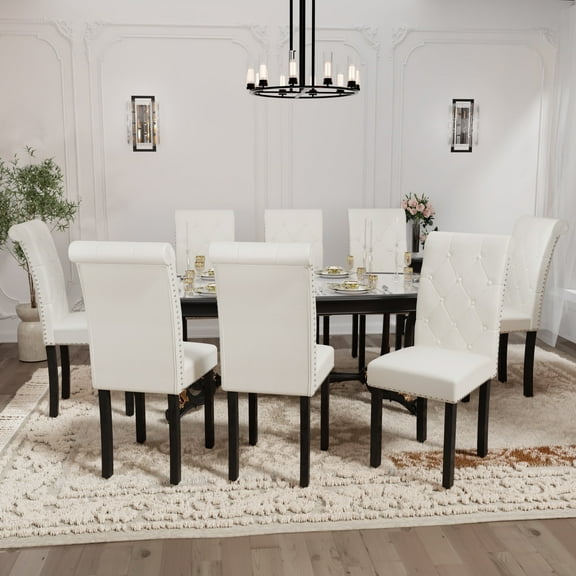 DONICK Rolled-Up High-Back Upholstered Dining Chairs With Tufted Solid Wood Legs Nailhead Trim For Home,Restaurant,Dining Room(Beige,Set of 8)