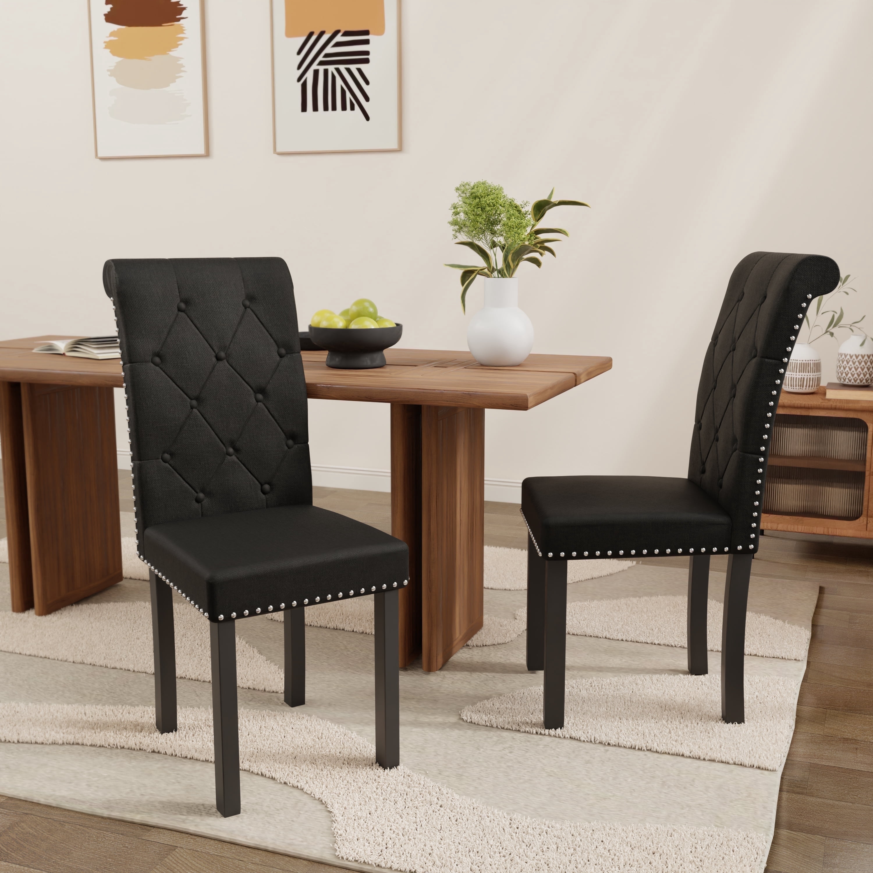 DONICK Rolled-Up High-Back Upholstered Dining Chairs With Tufted Solid Wood Legs Nailhead Trim For Home,Restaurant,Dining Room(Black,Set of 2)