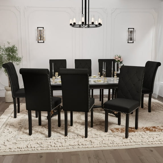 DONICK Rolled-Up High-Back Upholstered Dining Chairs With Tufted Solid Wood Legs Nailhead Trim For Home,Restaurant,Dining Room(Black,Set of 8)
