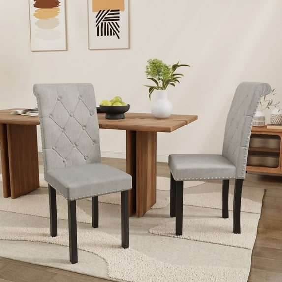 DONICK Rolled-Up High-Back Upholstered Dining Chairs With Tufted Solid Wood Legs Nailhead Trim For Home,Restaurant,Dining Room(Gray,Set of 2)