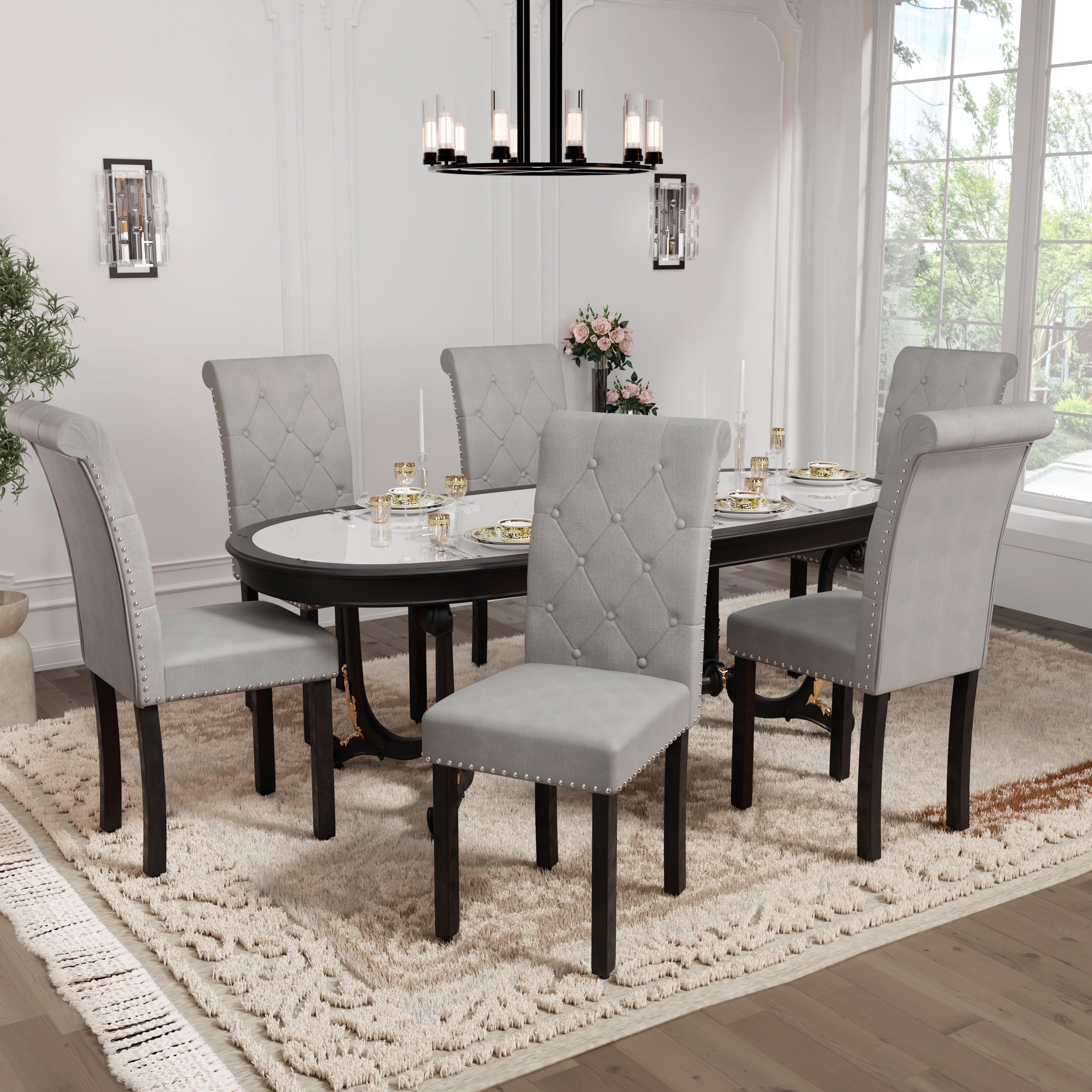 DONICK Rolled-Up High-Back Upholstered Dining Chairs With Tufted Solid Wood Legs Nailhead Trim For Home,Restaurant,Dining Room(Gray,Set of 6)