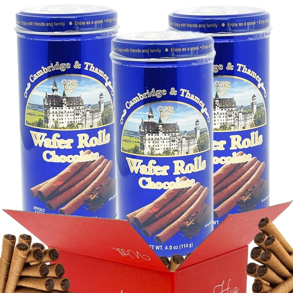 Rolled Wafer Sticks, Chocolate Cream Filled, Sweet Crispy Cookies, 3-Pack Gift Tins, Great with Coffee, Tea, Ice Cream, Holiday Gift or Everyday Snack