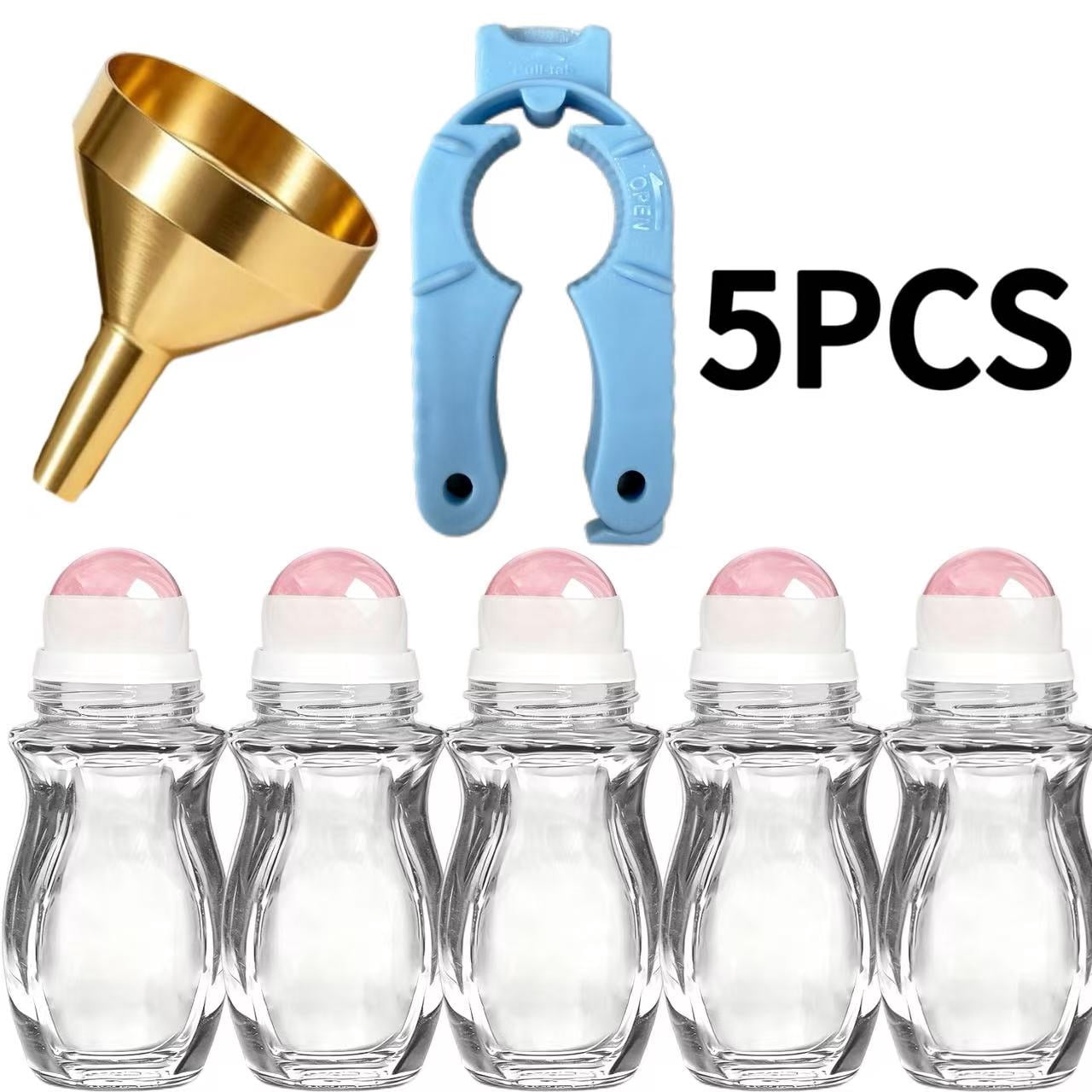 Roller Ball Bottle 30ml Hourglass Shape 5 Pack, Essential Oil Roller Set with Golden Funnel & Bottle Opener, Bulk Refillable Travel Bottles