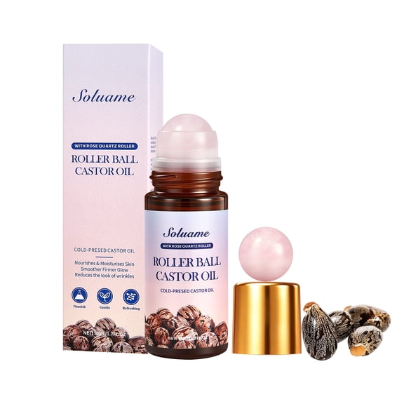 Roller Ball Castor Oil with Rose Quartz Roller, Cold-Pressed Pure Castor Oil Roll On for Face, Body and Neck, Moisturizing and Nourishing for Skin 1.7fl.oz