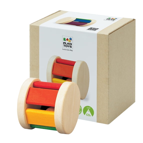 PlanToys® Wooden Roller Rattle Toy for Babies | Montessori Baby Sensory Toy with Gentle Sound | Eco-Friendly Crawling & Motor Skill Toys for Infants