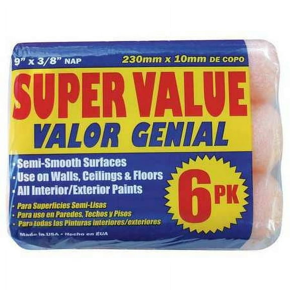 Roller Cover,9"L,3/8"Nap,Polyester,PK6