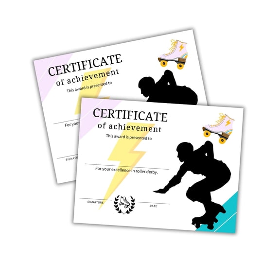 Roller Derby Award Certificate 30pk 8.5x11 Skating Fun Roll Skates Winner Contest Jam Straps Team Participation 1st Place Excellence Champions