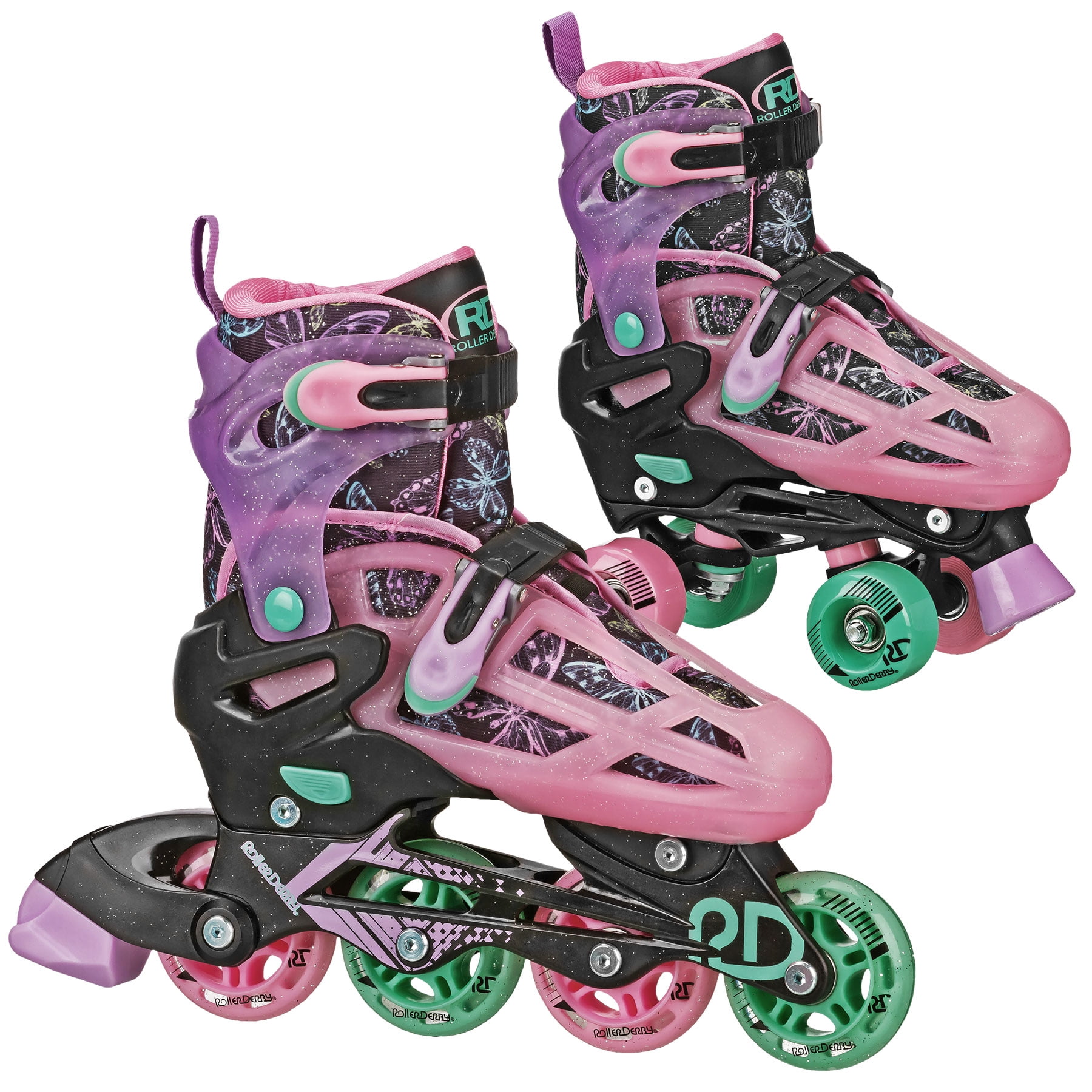 Roller Derby Falcon 2-in-1 Combo Adjustable Quad and Inline Skates, Black/Pink, Medium