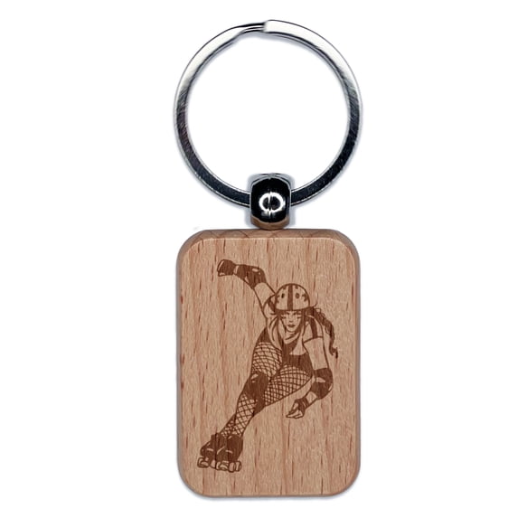 Roller Derby Girl Skates Skater Rectangle Keychain Charm Tag - Engraved Wood