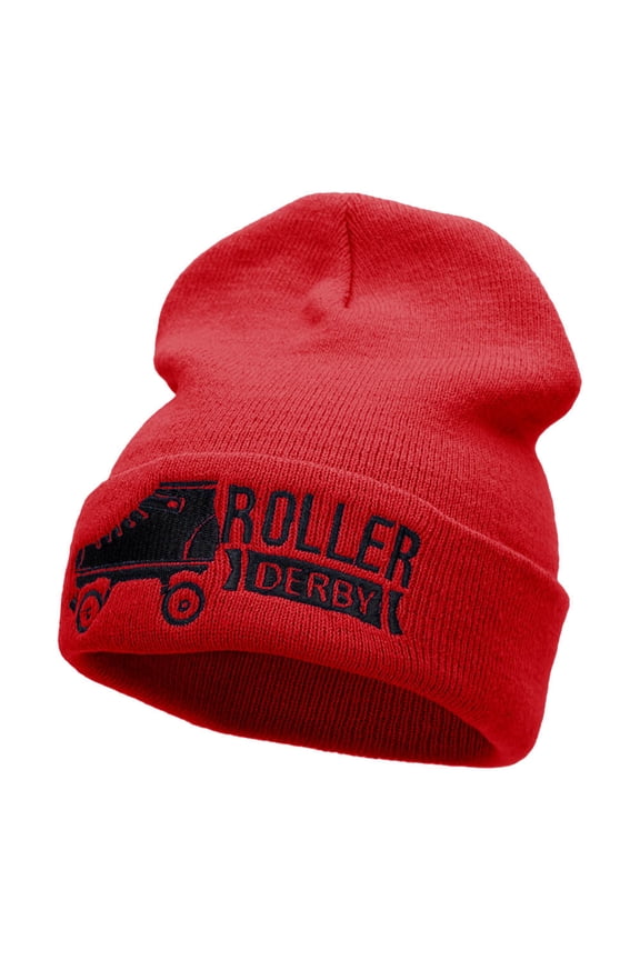 Roller Derby Roller Skate Embroidered Long Beanie - Red OSFM