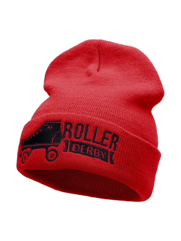 Roller Derby Roller Skate Embroidered Long Beanie - Red OSFM