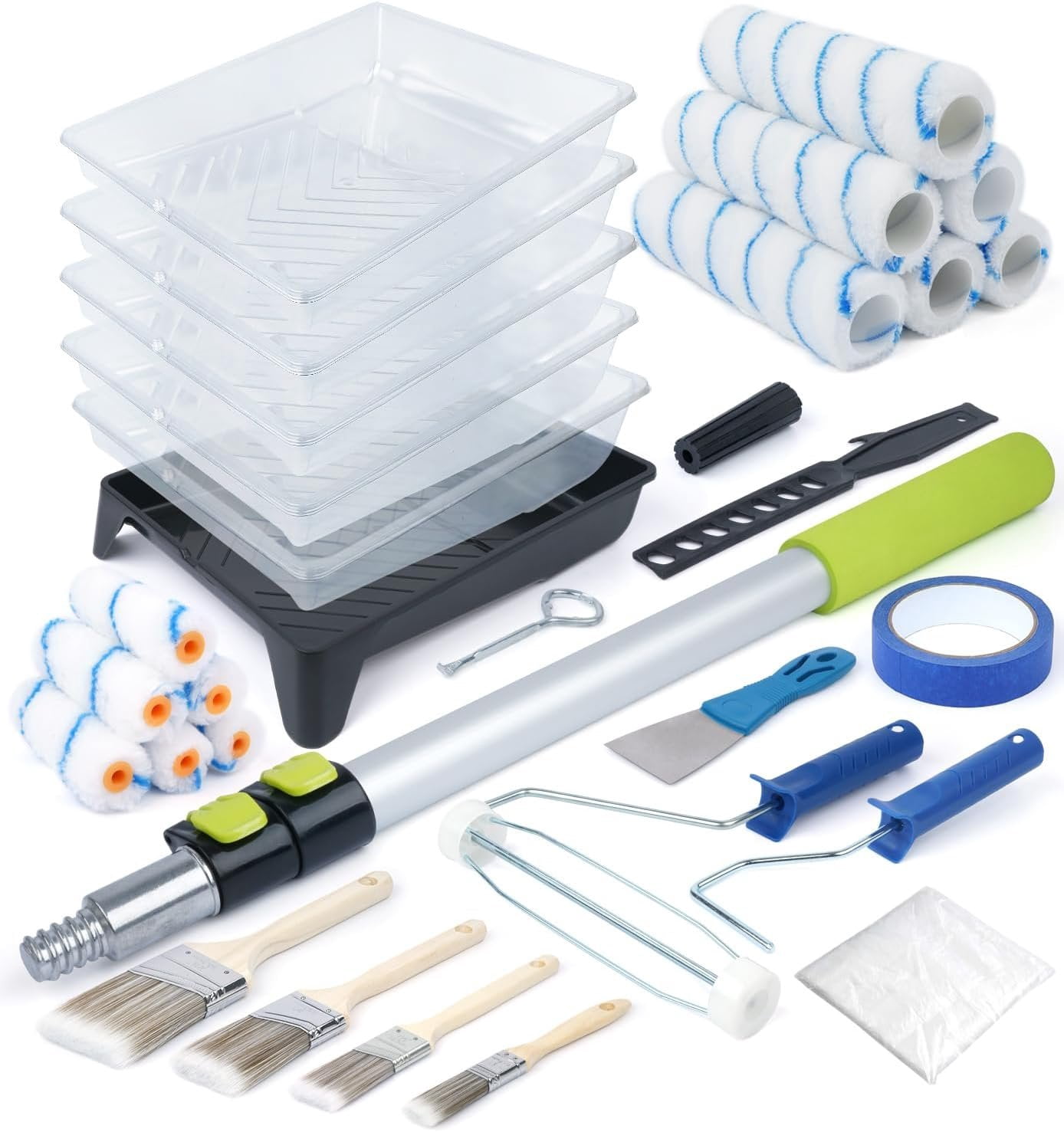 Roller Kit with Extension Pole (2-4 FT) for Walls & Ceilings 30-  Painting Set with  Rollers, Covers, Tray, Frame & Brushes -in- House Painting Tools for DIY & Pro Use
