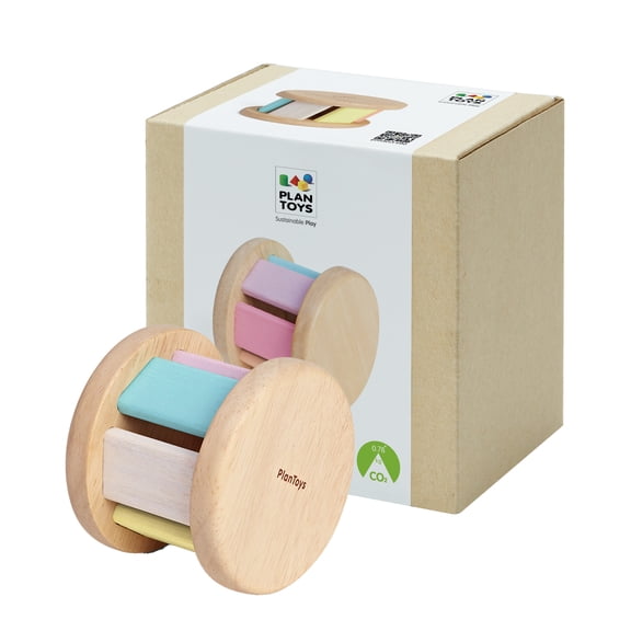 PlanToys Pastel Wooden Roller Toy for Babies | Montessori Sensory Toy with Gentle Rattle Sound | Eco-Friendly Crawling & Motor Skill Toy for Infants 6+ Months