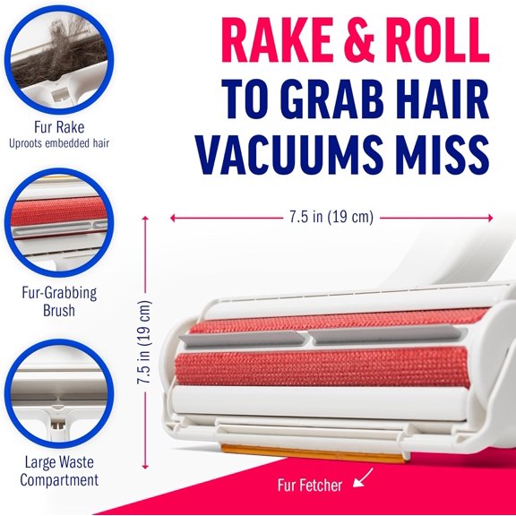 Roller & Rake  Reusable Pet Hair Removal Roller with Rake Attachment for Cat & Dog Fur on Furniture, Couch, Carpet, Car, Rugs, Bedding & More Portable, Eco-Friendly