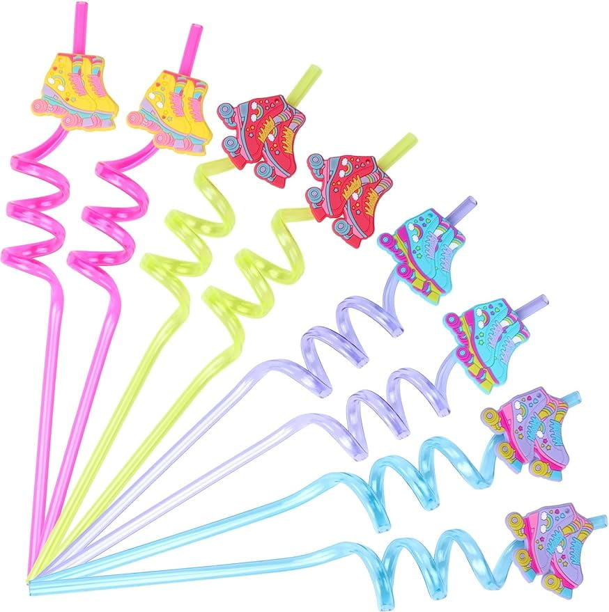 送料無料Roller Skate Party Straws, Roller Skate Party Favors Include 24pcs Reusable Drinking Straws Plastic 80s Theme Straws for Roller Skatin並行輸入