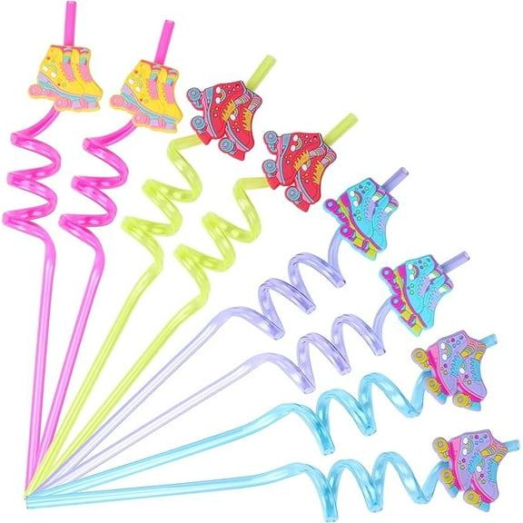 Roller Skate Party Straws, Roller Skate Party Favors Include 24pcs Reusable Drinking Straws Plastic 90s Theme Straws for Roller Skating Themed Birthday Party Supplies 90s Theme Party Decorations