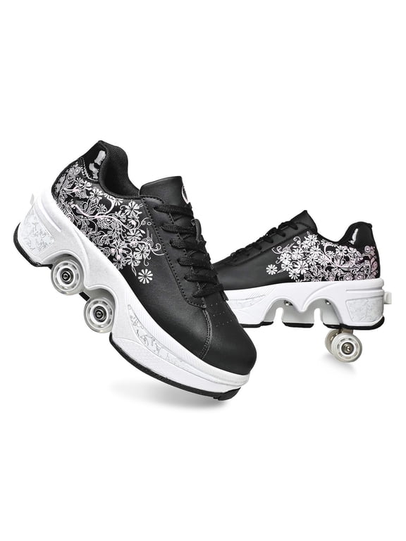 Roller Skate Shoes for Women,Double Row Deform Wheel Roller Skates,Sneakers with Wheels for Girls Boys
