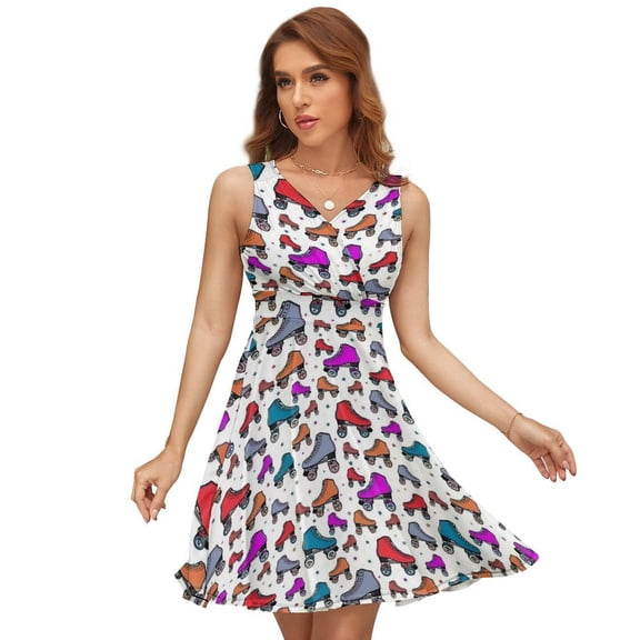 Roller Skates 80s Pattern Dress Fashion Beach Long Dresses Female Party Printed Sundress