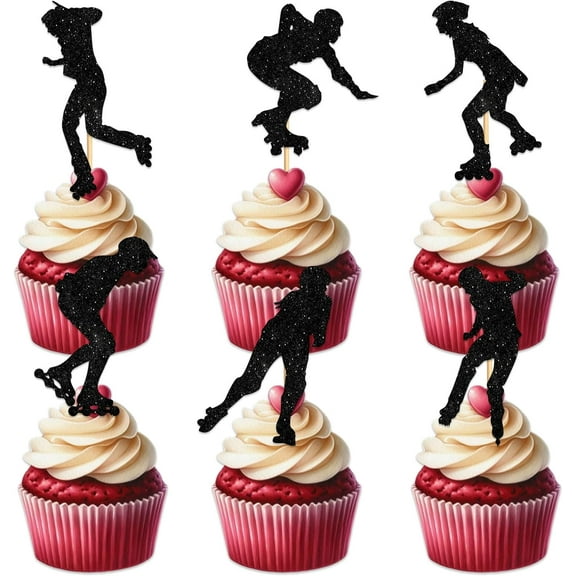 Roller Skates Cupcake Topper for Hip Hop Roller Skating 80s 90s Theme Party Favors Decorations Men Women Kids Happy Birthday Party Decor Supplies set 10pcs Black Glitter