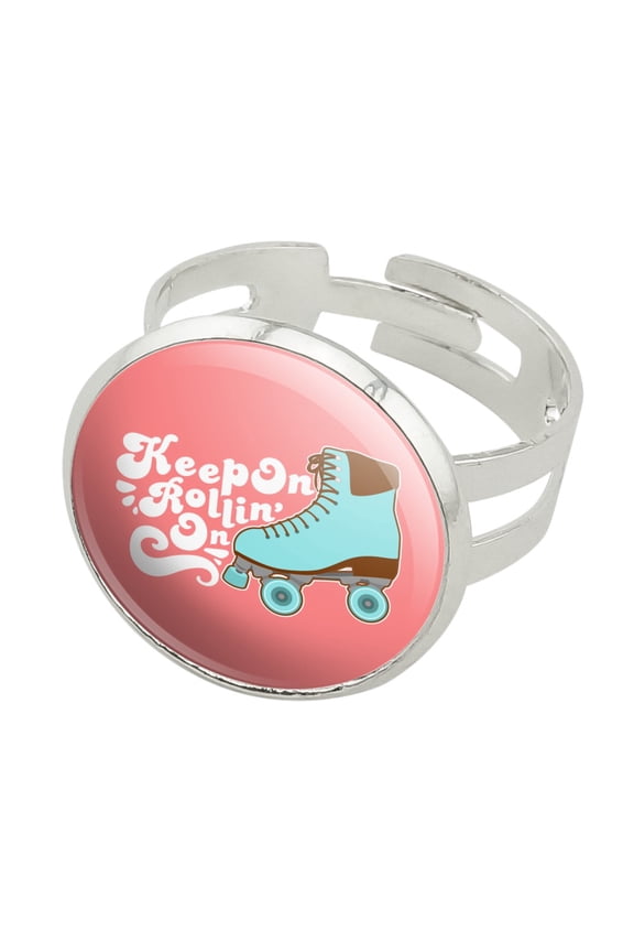 Roller Skates Derby Keep On Rolling Skating Silver Plated Adjustable Novelty Ring