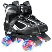 Roller Skates for Boys Girls Kids 4 Sizes Adjustable Quad Skates with Illuminating Wheels Black Size S