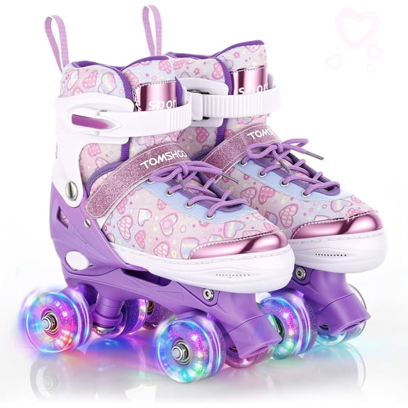Roller Skates for Girls Ages 6-12 4 Size Adjustable Flashing Wheel ABEC Bearing Triple Protection for Outdoor Indoor Purple L
