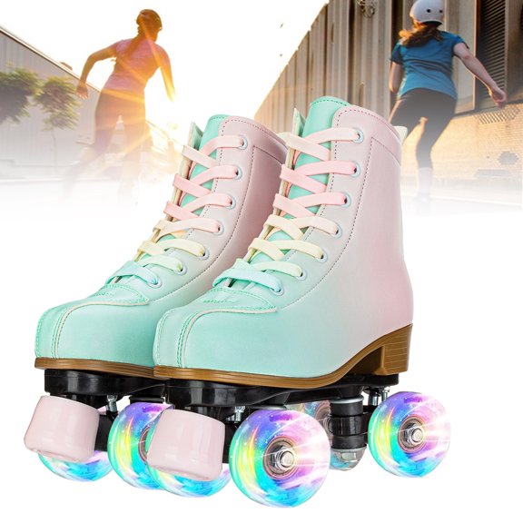 Roller Skates for Girls, Double-Row Quad Kids Roller Skates Beginners, Green & Pink Gradient, Youth 2
