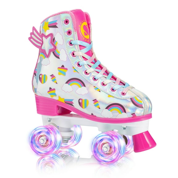 Roller Skates for Girls Light up Wheels Kids with High Top Reflective TPU Leather Rainbow Rainbow