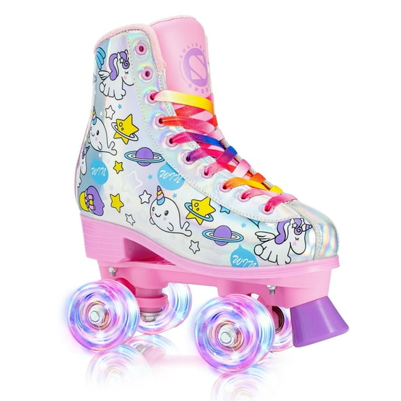 Roller Skates for Girls Light up Wheels Kids with High Top Reflective TPU Leather Rainbow Unicorn
