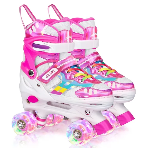 Roller Skates for Girls and Boys,4 Size Adjustable Kids Toddler Roller Skates with Light up Wheels for Toddlers Children Outdoor Indoor / Pink