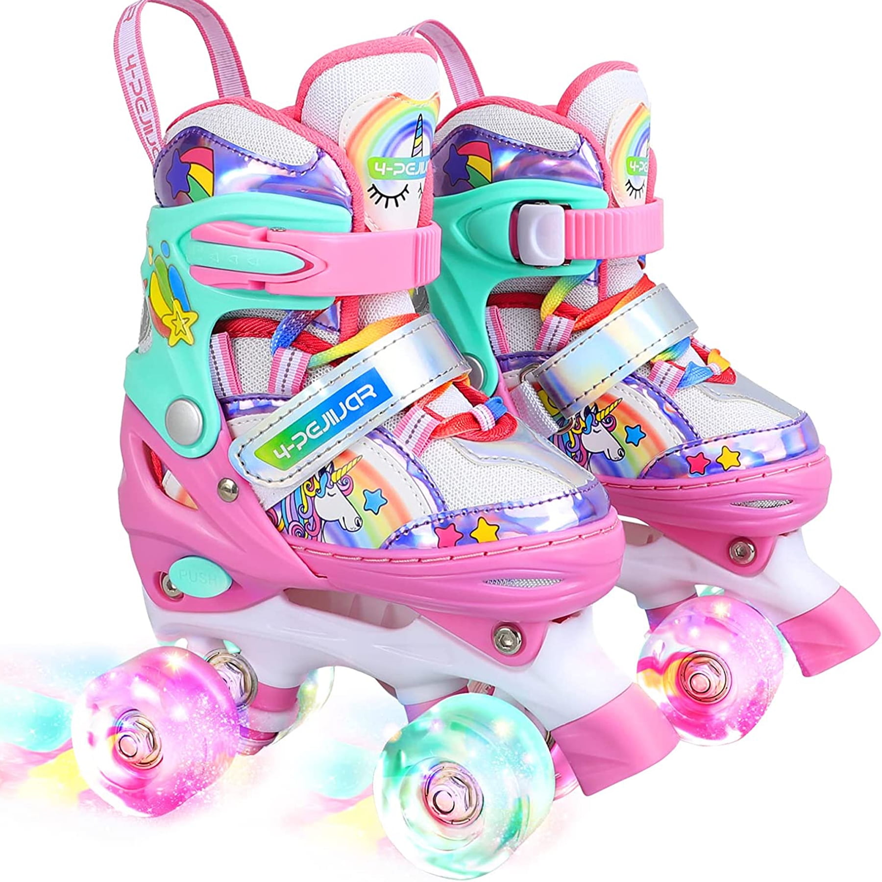 Unicorn Pattern Adjustable Light Up Roller Skates for Girls Ages 6-12 & 3-5  | Wheelkids Rainbow Patines