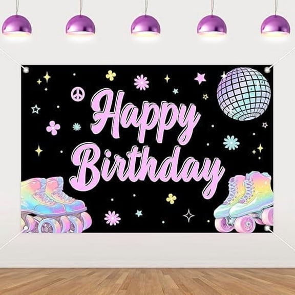 Roller Skating Birthday Decorations, Roller Skating Happy Birthday Backdrop Banner 53ft Lets Roll Neon Background Props for Girls Roller Skate Roll Theme Birthday Party Supplies