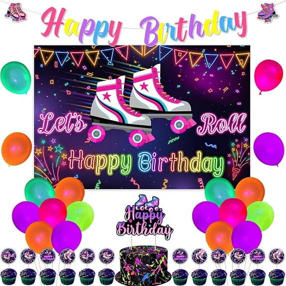 Roller Skating Birthday Decorations, Roller Skating Let's Roll Happy Birthday Backdrop Banner Cake Topper Neon Balloons for Girls Roller Skate Roll Theme Theme Birthday Party Supplies