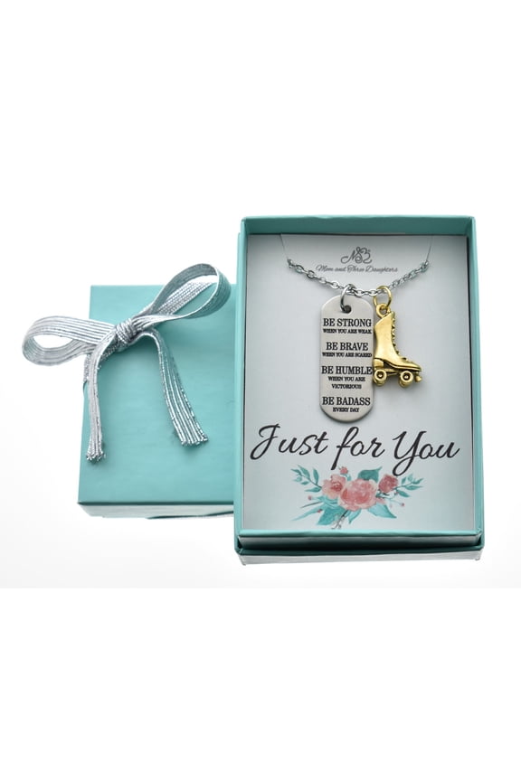 Roller Skating Necklace in antique silver pewter with inspirational word tag. Roller Skating Charm. Roller Skating Gifts. Roller Derby.