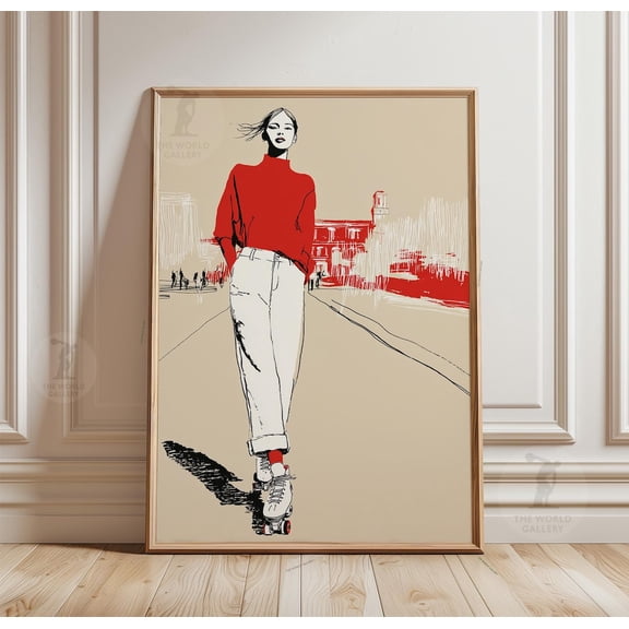 Roller Skating Poster Red Fashion Wall Art Minimal Paper Wall Decor, Unframed Poster