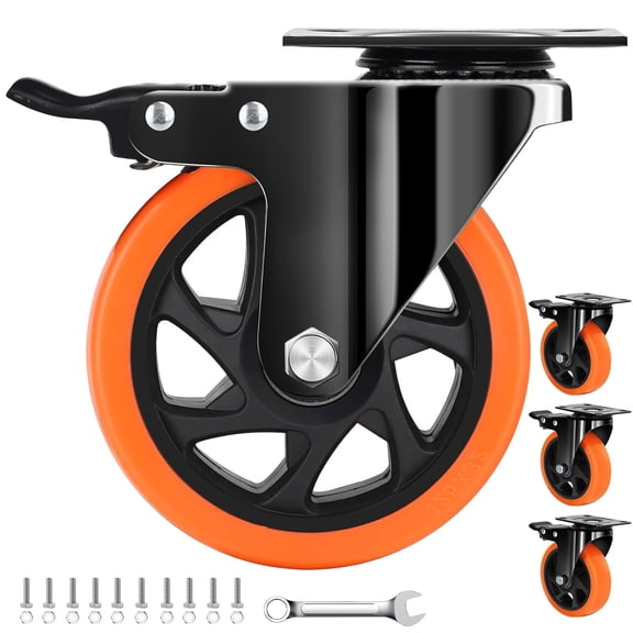 Roller casters, 5-inch heavy-duty caster set of 4, quiet industrial casters rated at 2600 lbs, for furniture, workbenches, and cart wheels