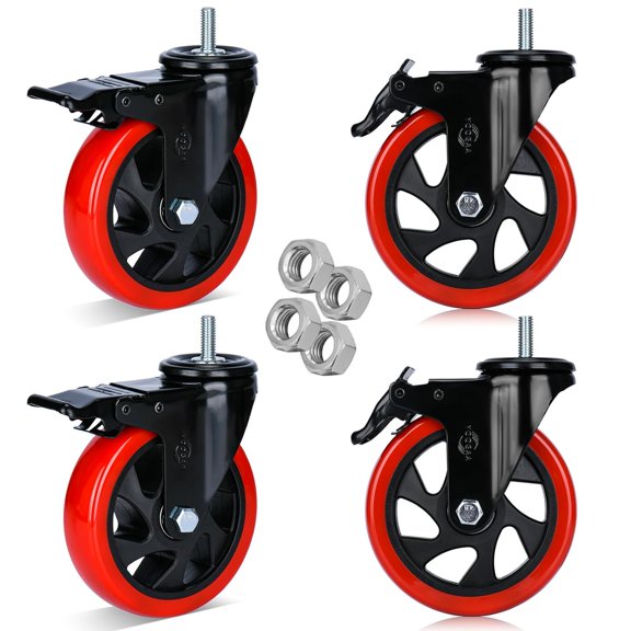Roller wheels, 5 inch full lock rod rollers, 3/8 inch-16 x 1 inch threaded rod rollers, load capacity 1500 pounds, swivel wheels, 4 piece set heavy-duty rollers