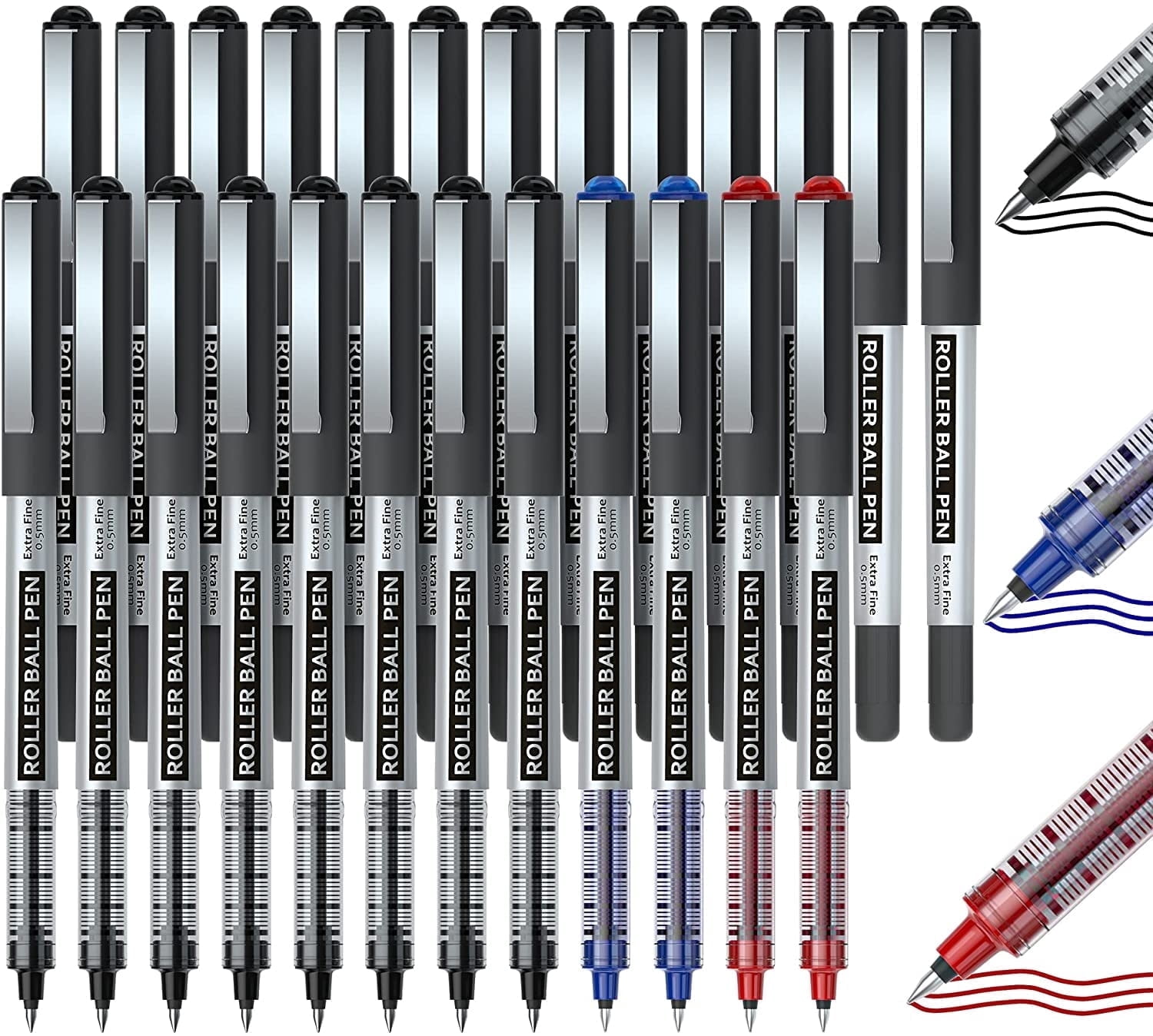 RollerBall Pens, Shuttle Art 25 Pack(21 black 2 blue 2 red) Fine Point Roller Ball Pens, 0.5mm Liquid Ink Pens for Writing Journaling Taking Notes