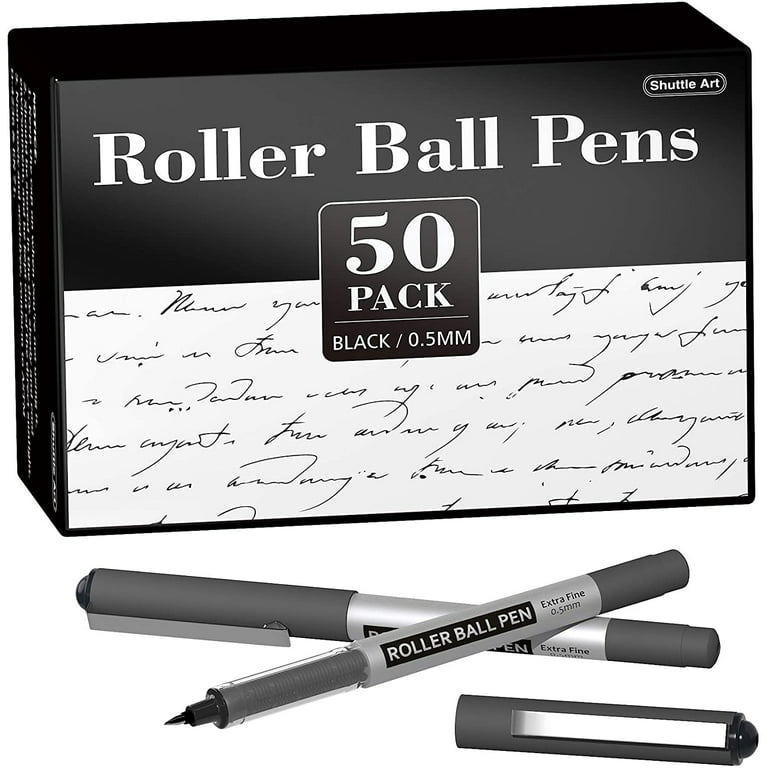 Shuttle Art Rollerball Pens, 50 Pack Black Fine Point Roller Ball Pens, 0.5mm Liquid Ink Pens for Writing Journaling Taking Notes School Office