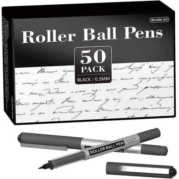 RollerBall Pens, Shuttle Art 50 Pack Black Fine Point Roller Ball Pens, 0.5mm Liquid Ink Pens for Writing Journaling Taking Notes