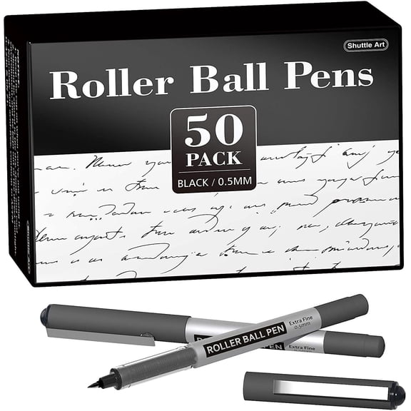 Shuttle Art Permanent Roller Ball Pens, 50 Pack Black Fine Point Roller Ball Pens, 0.5mm Liquid Ink Pens for Writing Journaling Taking Notes